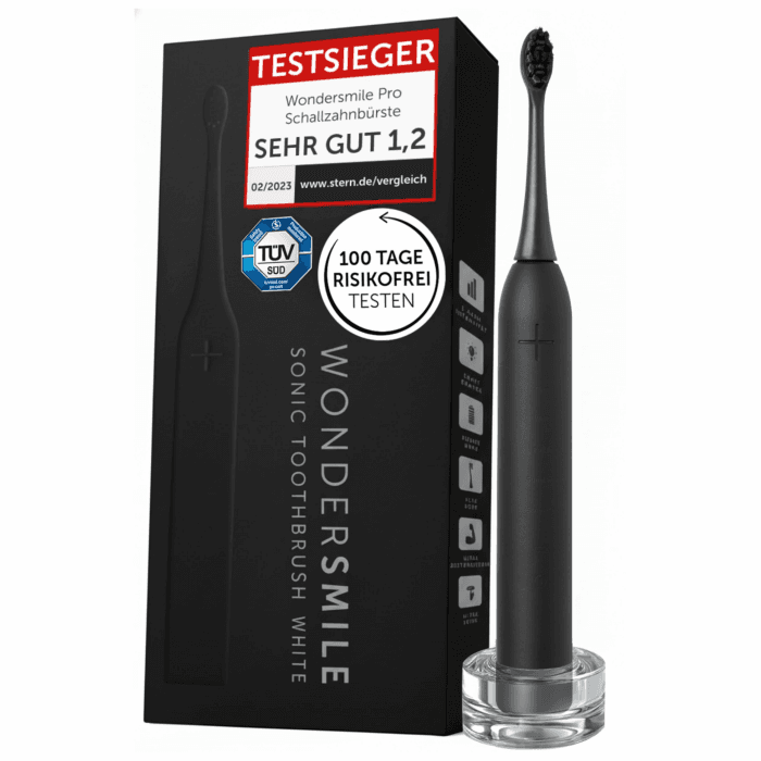 WonderSmile Schallzahnbürste Pro - Testsieger 2026* - Elektrische Zahnbürste IPX8, 4 Programme - TÜV SÜD-geprüft - mit Ladestation & 60 Tage Power Batterie mit Smart-Bürstenkopf (Ultimate Black) Ultimate Black 1 stück (1er Pack) Angebot bei HelloDeals