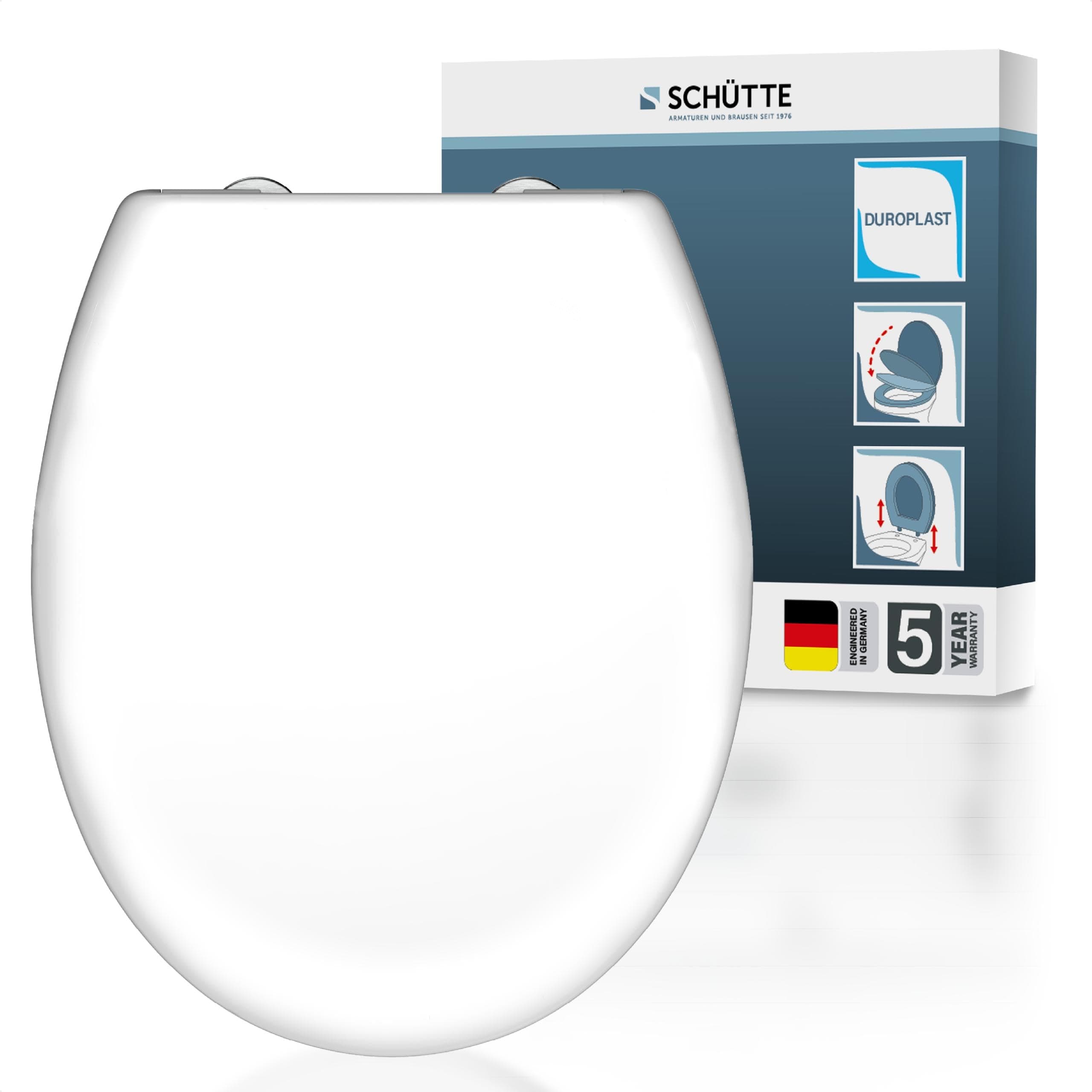 SCHÜTTE Oval WC-Sitz mit Absenkautomatik, Abnehmbarer Klodeckel aus bruchsicherem Duroplast, DIY Montage mit Klebepads und Schablone, Toilettendeckel und Brille bis 200 kg belastbar, Weiß Oval Weiß Angebot bei HelloDeals