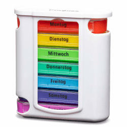 Tablettenbox 7 Tage – BPA-frei – 4 Fächer täglich – Pillendose für unterwegs – Medikamentenbox für morgens, mittags, abends, nachts – seniorenfreundlich Weiß/Bunt Angebot bei HelloDeals