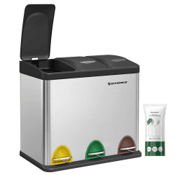 SONGMICS Mülleimer Küche, 3 x 8 L, kleine Kapazität, Mülltrennsystem 3 Fächer, Abfalleimer mit Deckel, Stahl-Treteimer für kleine Familien, Pedale und Inneneimer, silbern-schwarz LTB24L 3 x 8 l silbern + schwarz Angebot bei HelloDeals