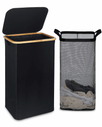 efluky Wäschekorb mit Deckel, 100 Liter hoher Wäschebox mit Bambus Henkel und Innentasche, faltbarer groß XXL Waschekorbsammler, Laundry Baskets für Schlafzimmer Badezimmer, schwarz 100 Liter (1 Fach) Schwarz Angebot bei HelloDeals