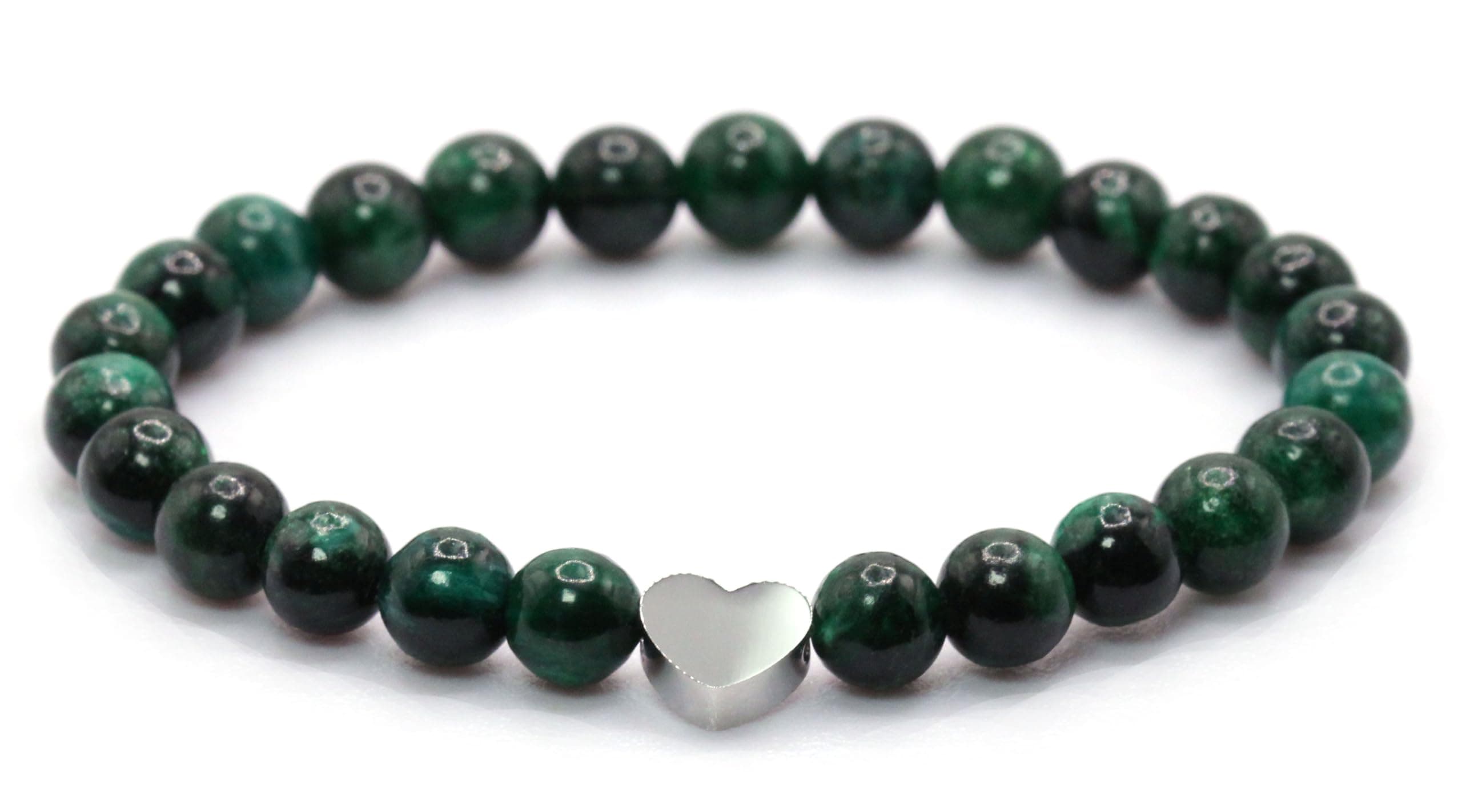 Echtes Smaragd Edelstein Armband mit 6mm Perlen und Edelstahlherz - verschiedene Längen - Heilstein Schutzstein Talisman Glücksbringer Geschenk (Smaragd, 18CM) M - 18 CM Smaragd Angebot bei HelloDeals