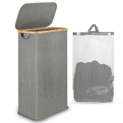 Wäschekorb mit Deckel 65L, Wäschekorb Schmal mit herausnehmbarer und waschbarer Innentasche, Wäschesammler Bambus, faltbare Wäschekörbe für Waschküche, Schlafzimmer, Badezimmer (grau) 65L mit Deckel Grau Angebot bei HelloDeals