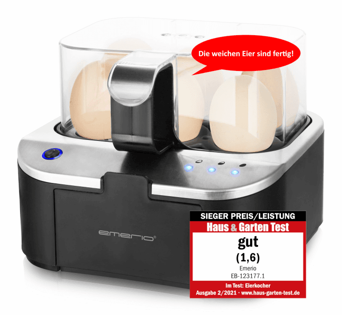 EMERIO sprechender Eierkocher SIEGER Preis/Leistung NEUHEIT kocht alle drei Garstufen [weich|mittel|hart] in EINEM Kochvorgang mit perfektem Ergebnis Sprachausgabe in DE BPA frei, EB-123177.1 Deutsch Schwarz, Silber Angebot bei HelloDeals