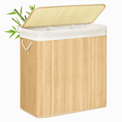 SONGMICS Wäschekorb 3 Fächer, 150 L Wäschesammler mit Deckel, Wäschebox Bambus, mit Griffen, faltbar, Wäschesack herausnehmbar maschinenwaschbar, Waschküche, naturfarben LCB091N01 150 L (3 Fächer) Naturfarben Angebot bei HelloDeals