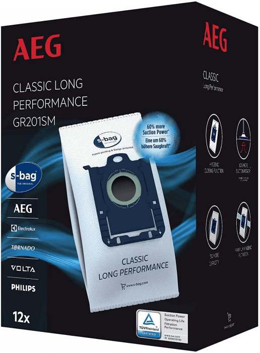 AEG GR201SM s-Bag Staubbeutel Classic Long Performance MegaPack, 12 Synthetik Staubsaugerbeutel für dauerhaft hohe Saugleistung, optimale Filtration, Hygieneverschluss, 60% mehr Saugkraft, weiß Matt Weiß Angebot bei HelloDeals