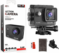 SJCAM SJ4000 unterwasserkamera Action Cam 4K30fps WiFi Kamera,40MP Ultra HD 170°FOV mit EIS Bildstabilisierung, 30m/98ft Wasserdicht Kamera mit 2 Akkus, 32G SD Karte und Helmhalterung Zubehör Kits Normal Angebot bei HelloDeals