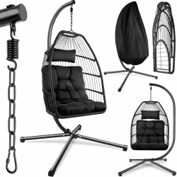 tectake® Hängesessel mit Gestell, Dicke Kissen, Möbel, Deko für Wohnzimmer, Jugendzimmer, Balkon, Outdoor oder Indoor Schaukel Sessel, Kinder & Erwachsene, belastbar bis 160kg - schwarz Angebot bei HelloDeals
