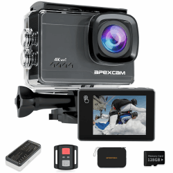 Apexcam M90 mit 128G Karte Action Cam 4K60FPS 64MP WLAN EIS Bildstabilisierung Sportkamera mit Touchscreeen Unterwasserkamera 40m Wasserdicht 8X Zoom 2.4G Fernbedienung 2x1350mAh Akkus mit Zubehör-Set M90 mit 128GB Karte Angebot bei HelloDeals
