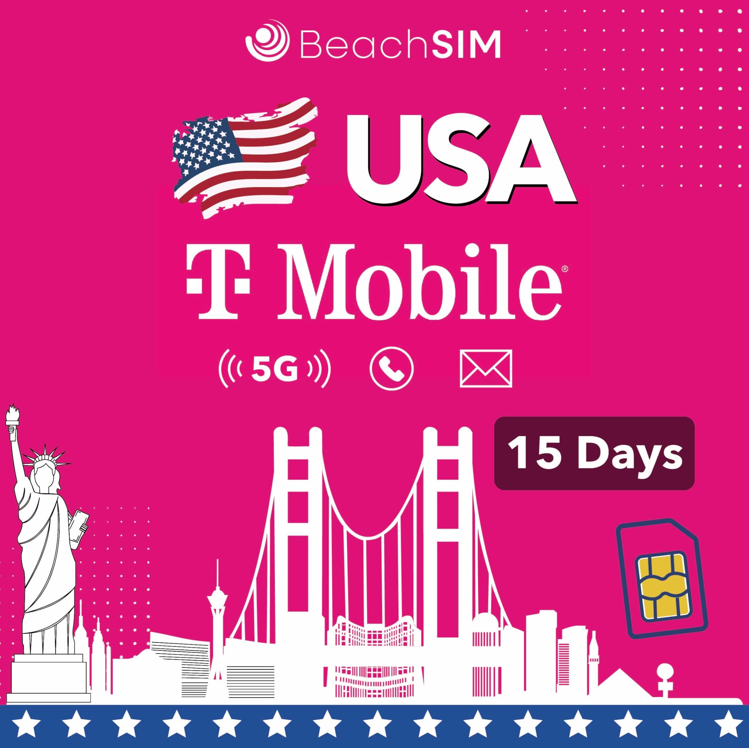 Prepaid USA SIM Karte 15 Tage. Unbegrenztes 5G-Datenvolumen, Anrufe und SMS. T-Mobile-Netz. Einfaches Aufladen. Schnelle Aktivierung. Kompatibel mit iOS und Android. SIM - USA - 15 Days Angebot bei HelloDeals