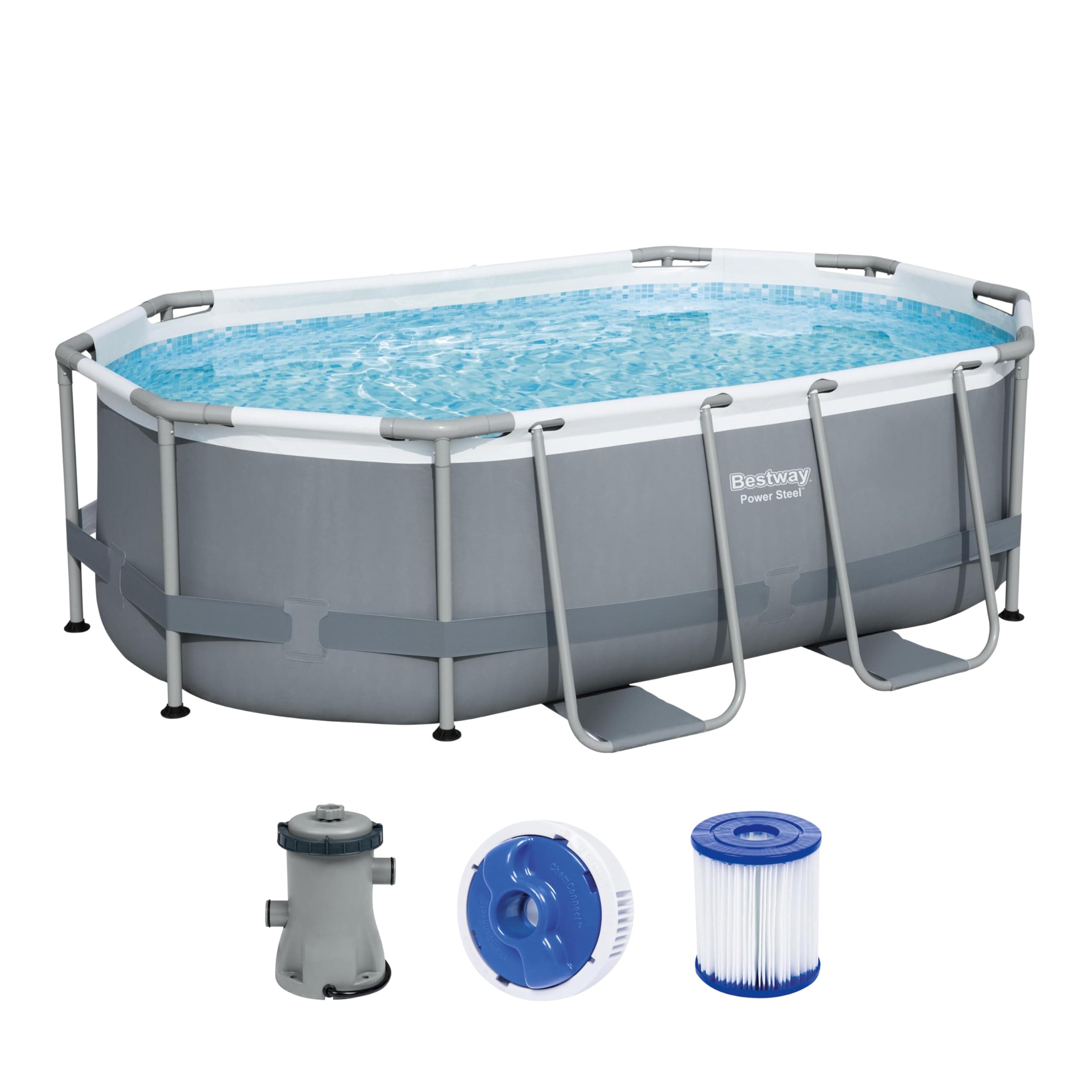 Bestway Power Steel Frame Pool Set, oval, mit Filterpumpe 305 x 200 x 84 cm, grau, 5614A Angebot bei HelloDeals