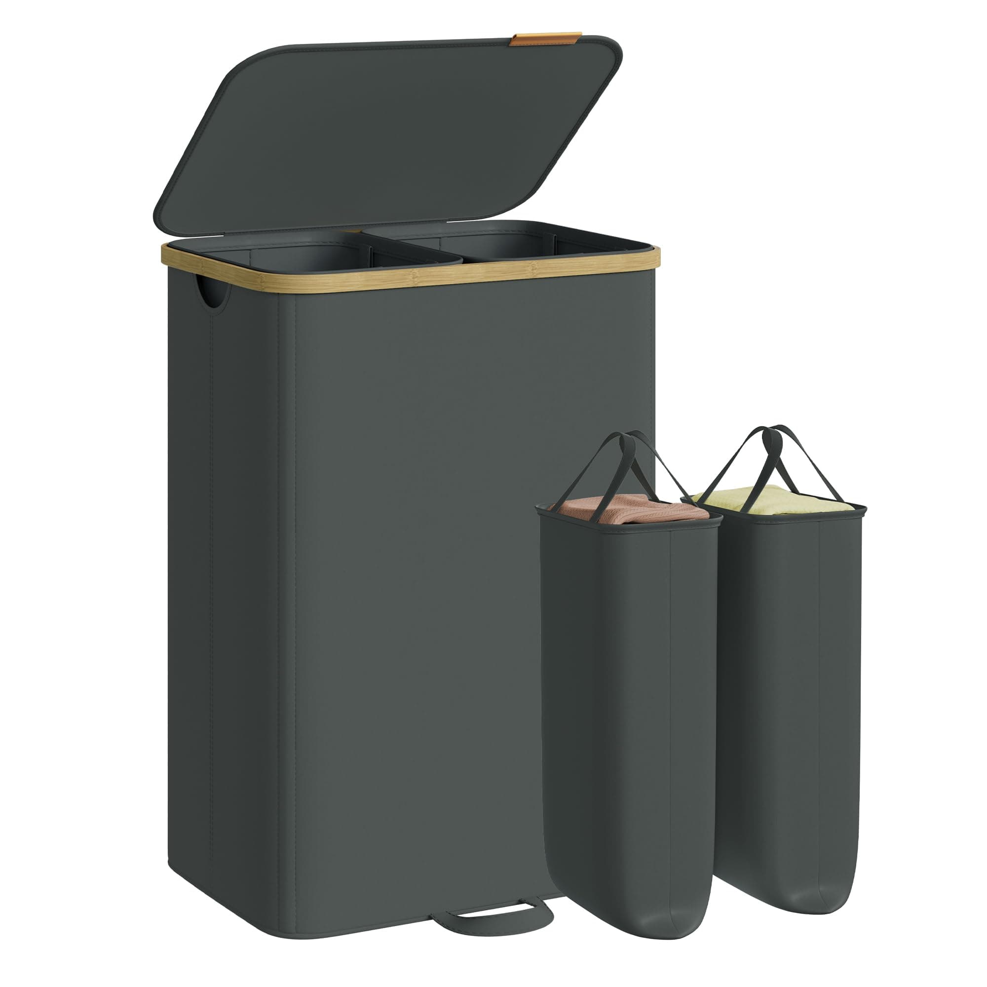 SONGMICS Wäschekorb mit Deckel, Wäschesammler, Wäschesortierer, Wäschetonne, Wäschesack herausnehmbar, Bambusrahmen, für Waschküche, Schlafzimmer, 2 Fächer, 150 Liter, schiefergrau LCB532GN01 150 L (2 Fächer) Schiefergrau Angebot bei HelloDeals