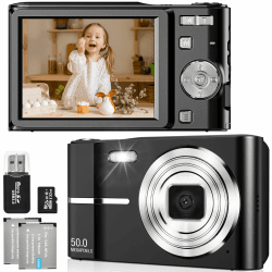 Digitalkamera 50MP 1080P FHD Fotokamera mit Autofokus 16X Digitalzoom Fotoapparat Tragbare Kompaktkamera mit 32GB SD-Karte für Kinder Teenager Anfänger Geschenk (Schwarz) black Angebot bei HelloDeals