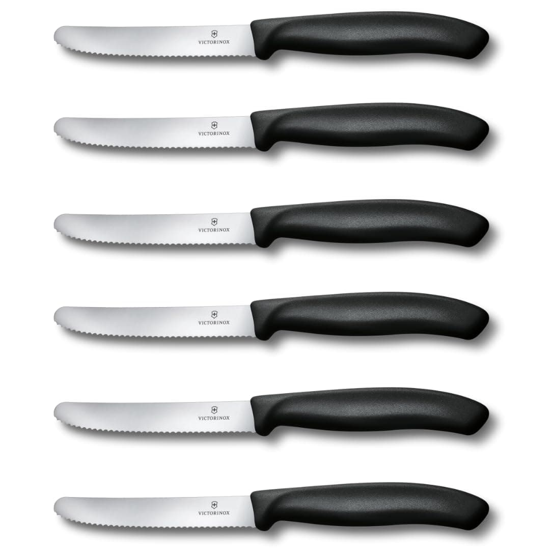 Victorinox Swiss Classic, Frühstücksmesser, Brötchenmesser, Scharfe Klinge, Wellenschliff, 11 cm, Kunststoffgriff, Rostfreier Stahl, Set 6teilig, Schwarz Classic Schwarz 6er Set Angebot bei HelloDeals