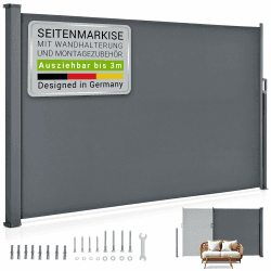 Juskys® Seitenmarkise Dubai 160 x 300 cm ausziehbar Blickdicht, Sichtschutz für Balkon & Terrasse, Seitenrollo mit Wandhalterung - grau Dunkelgrau 300 x 160 cm Angebot bei HelloDeals