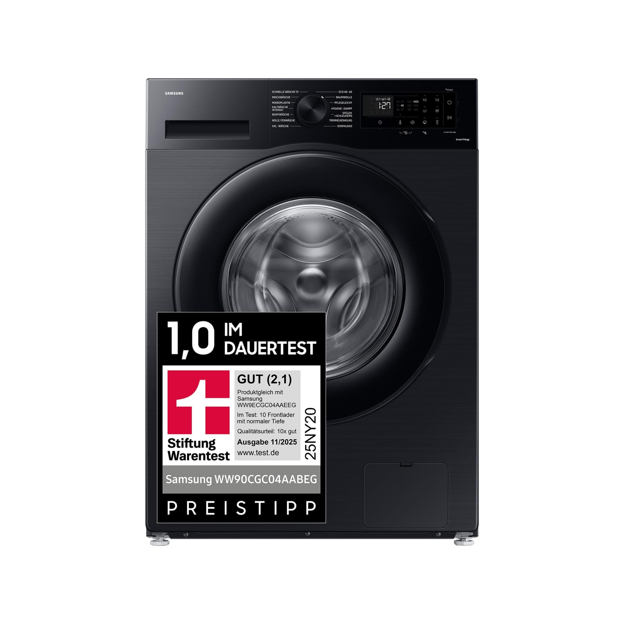 Samsung Waschmaschine, 9 kg, 1.400 U/min, EEK: A, Mikroplastik-Programm, Ecobubble, 14 Programme, WiFi SmartControl, Schwarz, WW90CGC04AABEG 9 kg Schwarz Angebot bei HelloDeals