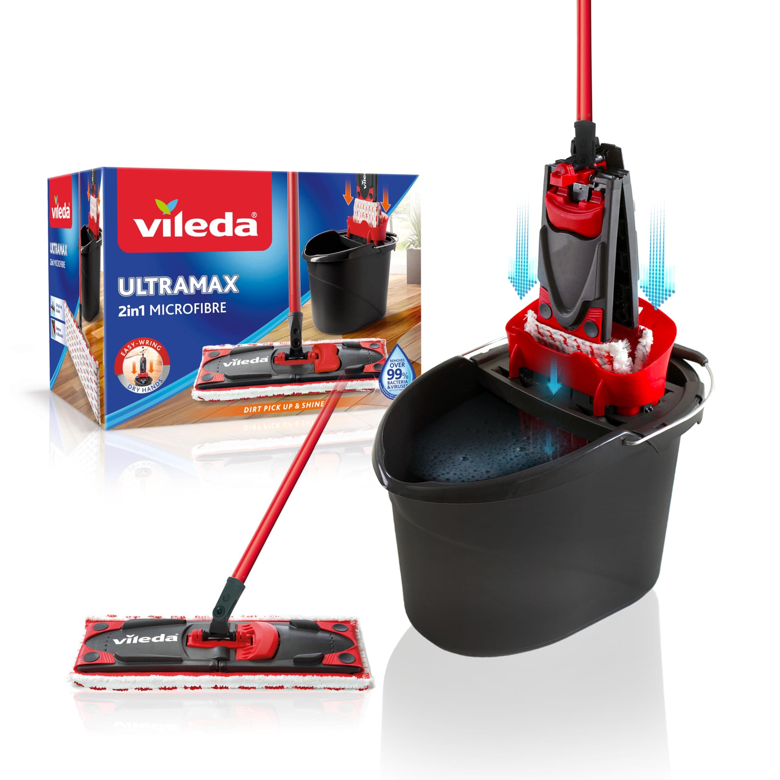 Vileda Ultramax 2in1 Bodenwischer Komplett Set, Wischmopp mit Stiel, Mikrofaserbezug und Eimer mit Powerpresse, für alle Hartböden Ultramax Set Angebot bei HelloDeals