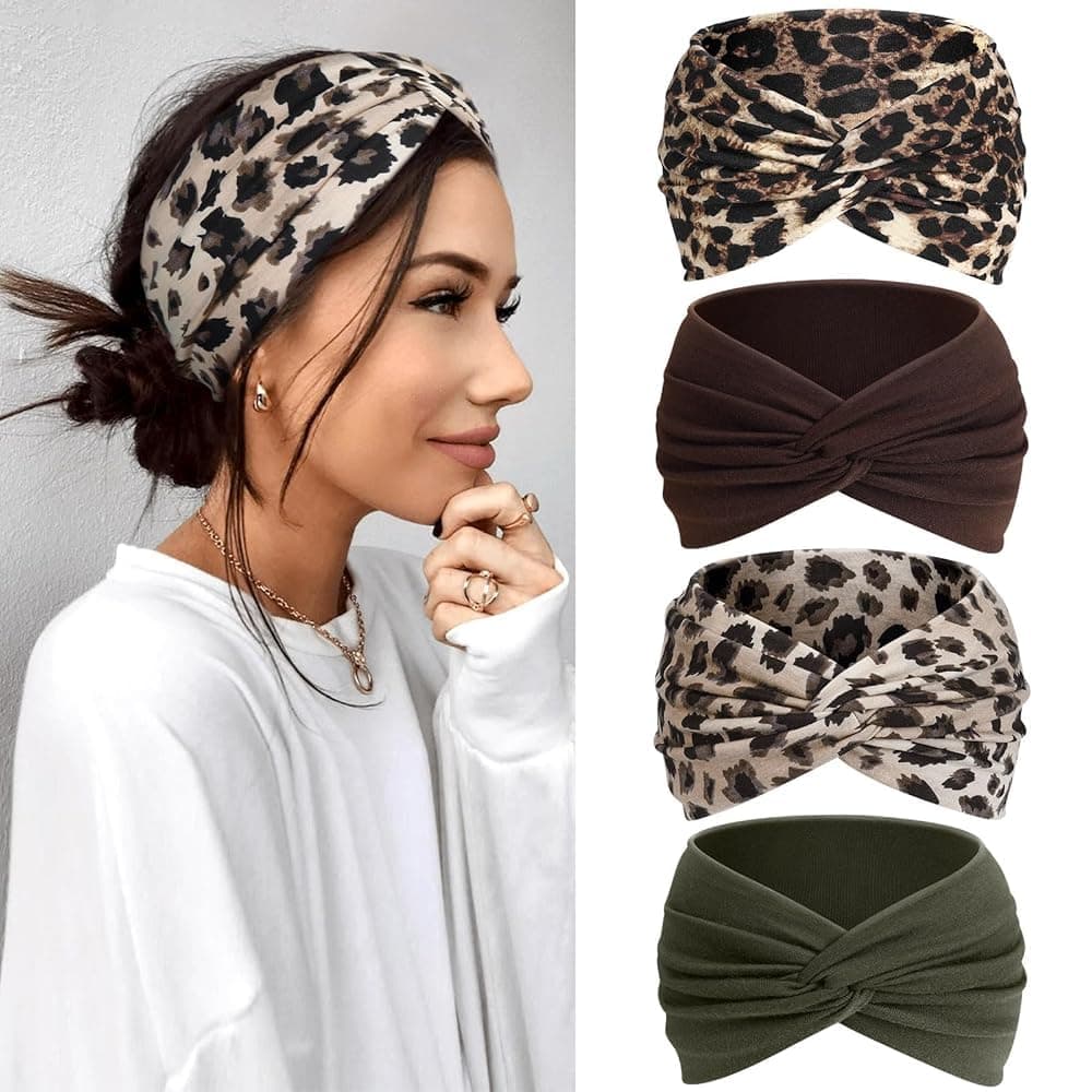 Kavya Haarband Damen Stirnband Damen 4er Pack – 7'' Extra Breit Haarbänder Dünn, Elastische Kopftuch Weiche Boho Mehrfarbig Headband, für Yoga, Kosmetik, Sport & Haarschmuck Sommer braun Angebot bei HelloDeals