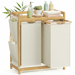 SONGMICS Wäschekorb 2 Fächer, Bambus, Wäschesammler 100 L, Wäschesortierer, mit Ablage, Wäschesack, kleine seitliche Taschen, Wäscheregal, 2 x 50 L, 63 x 33 x 78 cm, cremeweiß RLH100W01 Cremeweiß 100 L (1 Eben + 2 Fächer) Angebot bei HelloDeals