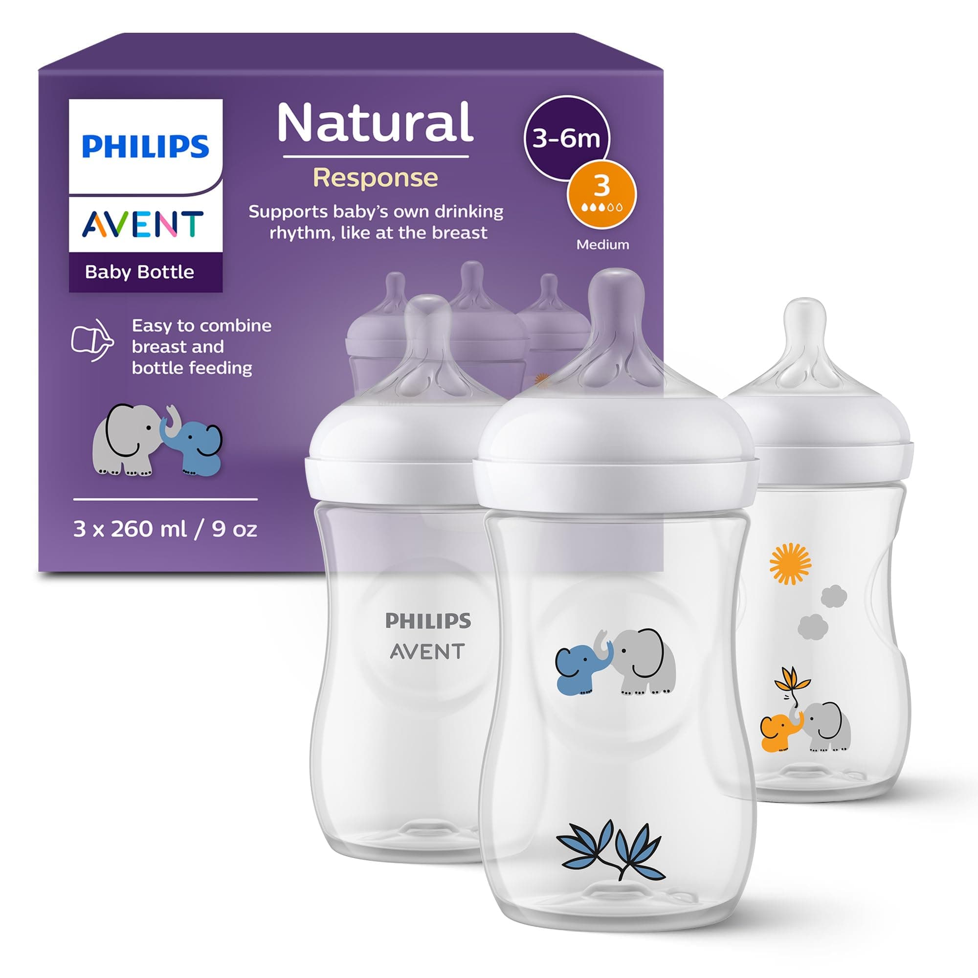 Philips Avent Natural Response Geschenkset für Babys: 3 Natural Response Babyfläschchen (260 ml) mit T3 Saugern (3-6 Monate), SCY903/63 Grau Gelb 1 stück (3er Pack) Angebot bei HelloDeals