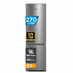 Midea Kühlschrank mit Gefrierfach MERB276FGE02A | 270L Kühl-Gefrierkombination (199L + 71L) | No Frost, All-Around Cooling | Doppelte Steuerung & Digital Control | Super-Kühl, LED | 180 cm, Edelstahl 180cm | 270L E Angebot bei HelloDeals