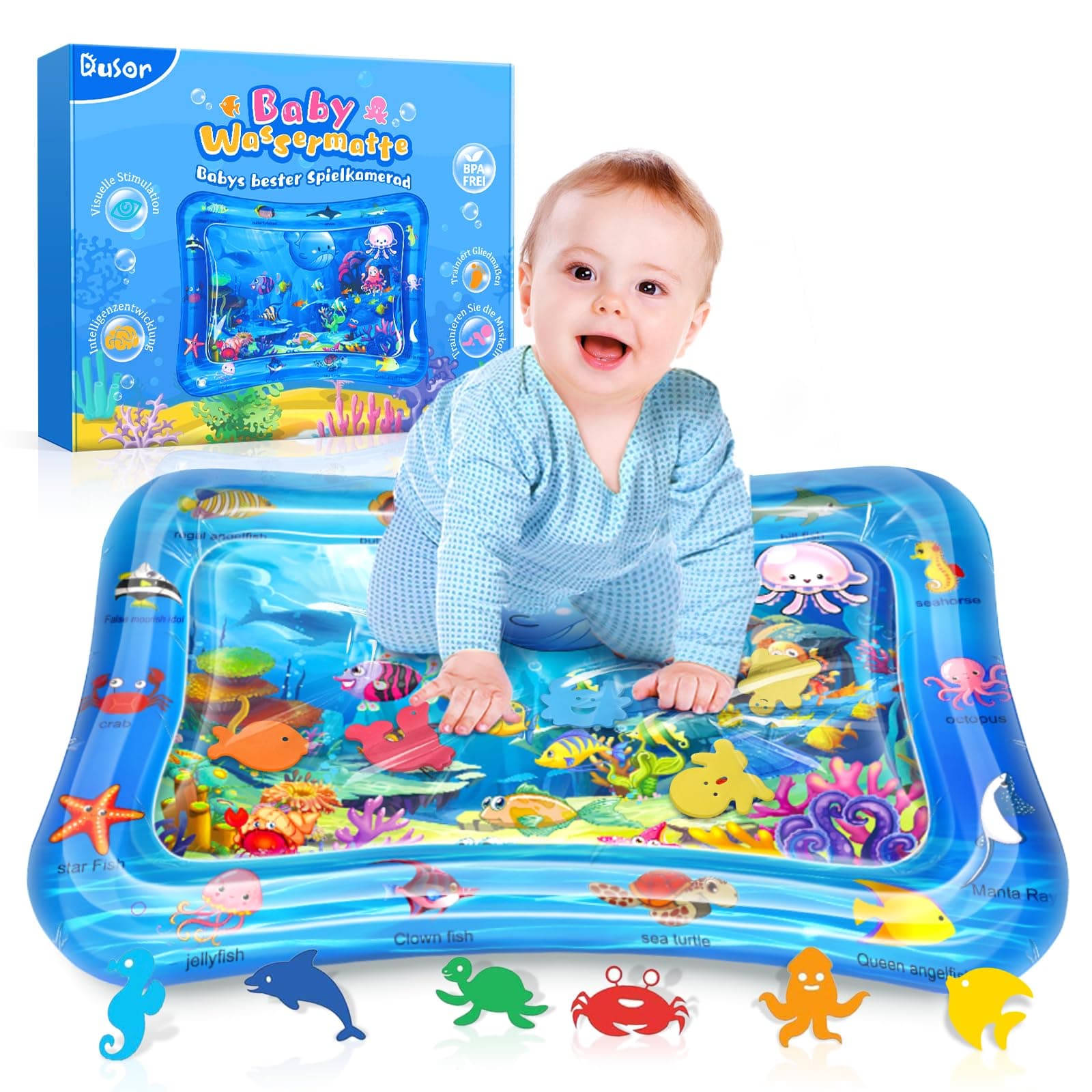 Dusor Wassermatte Baby Spielzeug 3 6 9 Monate, Wasserspielmatte BPA-frei, Spielmatte Baby, Aufblasbare Bauchzeit Matte, Spaßaktivitäten Das Stimulationswachstum Ihres Babys, Ostergeschenke Kinder Blau Angebot bei HelloDeals