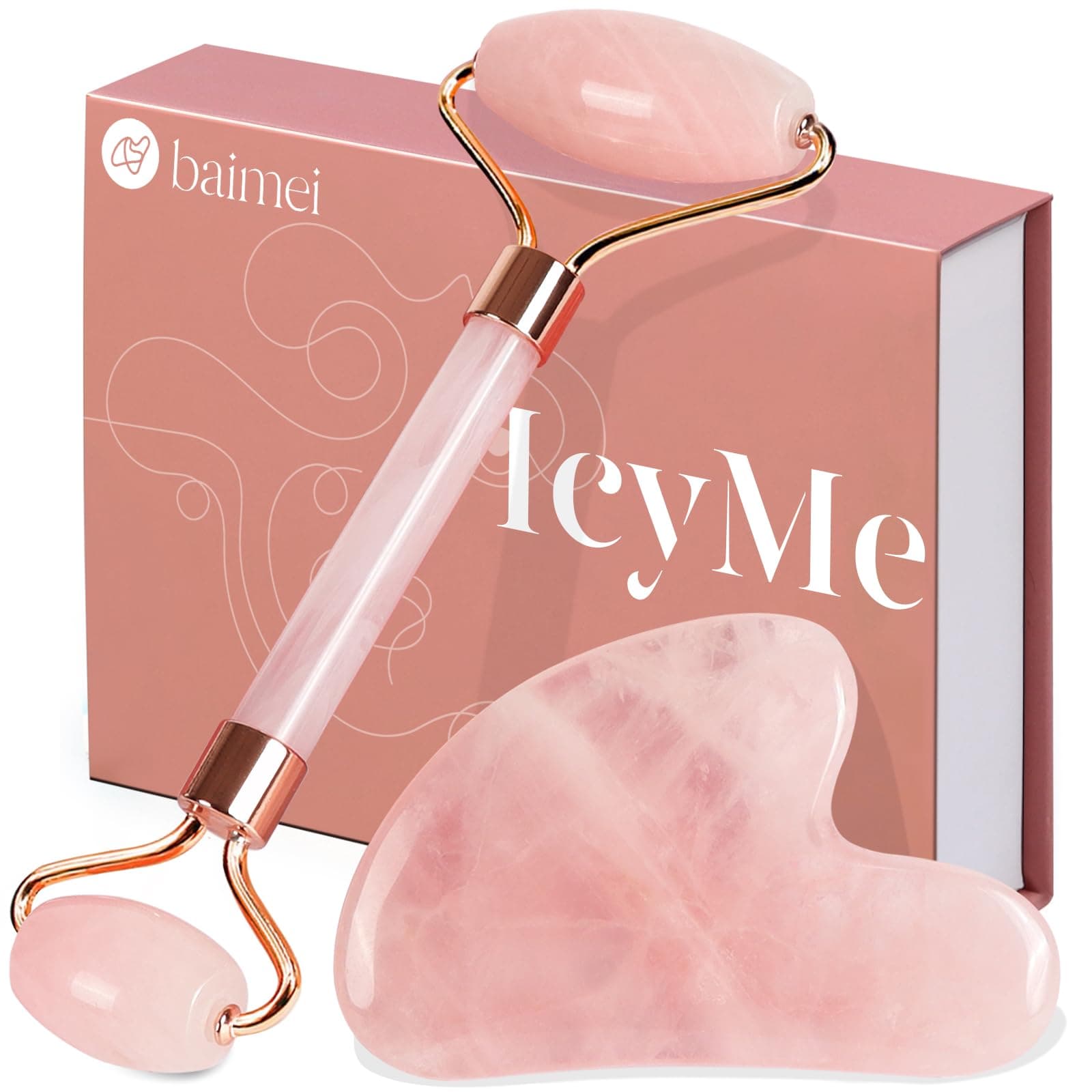 BAIMEI Gua Sha Stein und Gesichtsroller Rosenquarz，Guasha Set Beauty Massager, Jade Roller, Verbesserung Von Feinen Linien，Geschenk für Frauen Rosa Angebot bei HelloDeals