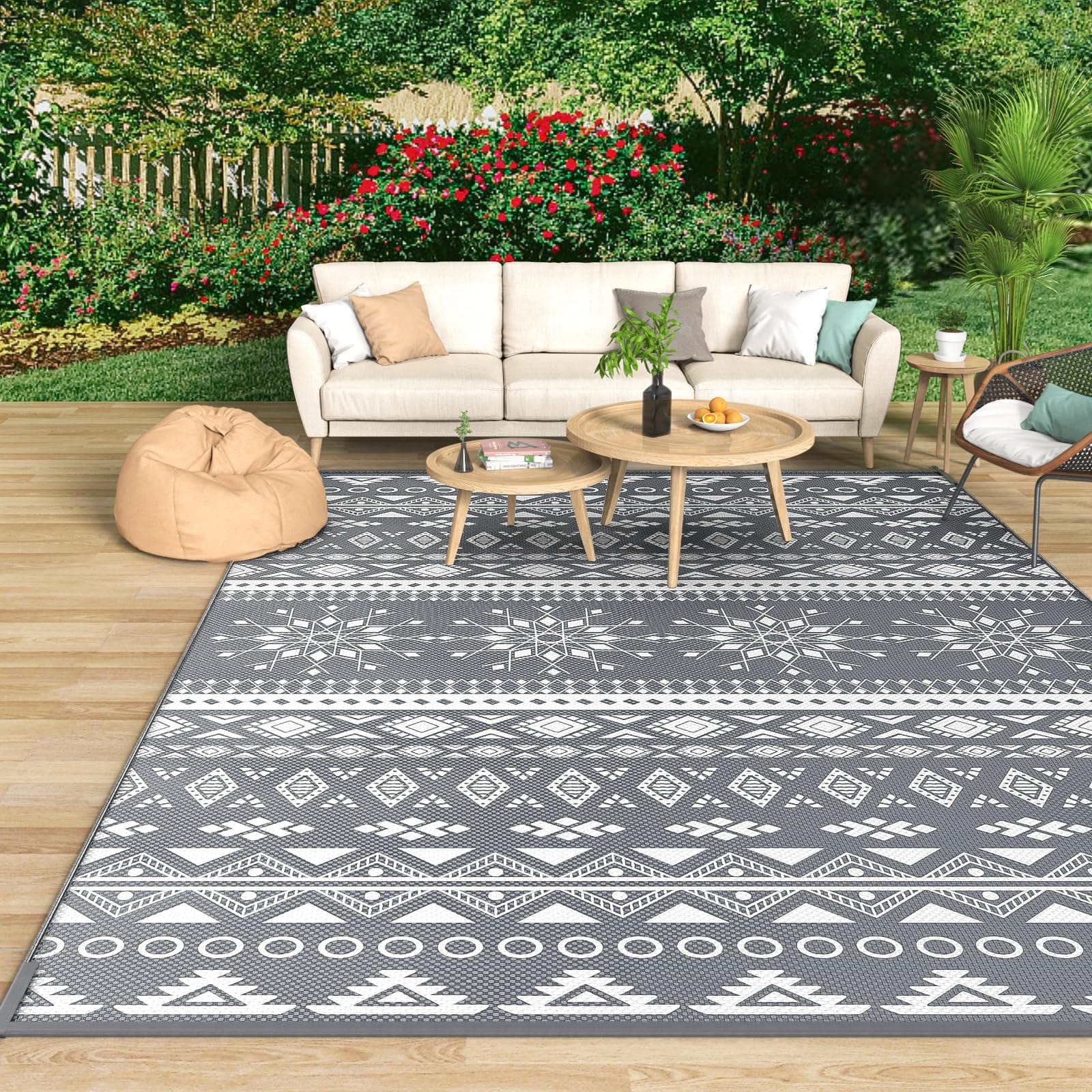 MOKANI Outdoor Teppich Wetterfest 120x180cm, Kunststoff Stroh Wendbarer Balkon Camping Teppich, Terrasse Matte UV-beständige Outdoorteppich Rug Carpet für Garten RV Picknick, Boho-Style, Grau 120 x 180 cm Angebot bei HelloDeals