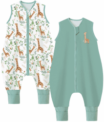 Chilsuessy Baby Schlafsack mit Beinen 1.5 Tog, 2er Pack, 100% Baumwolle, Ganzjahres Schlafsack, Babyschlafsack, Kinder, 1.5 Tog/Grün + Giraffe, 80cm/Baby Höhe 85-95cm 80cm/Baby Höhe 85-95cm 1.5 Tog/Grün + Giraffe Angebot bei HelloDeals