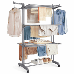 SONGMICS Wäscheständer, Standtrockner 4 Ebenen, Flügelwäscheständer, klappbare Flügel, mit Rollen, 63,5 x 128 x 173 cm, groß, einfacher Aufbau, Taubengrau LLR701G01 Taubengrau Standtrockner Angebot bei HelloDeals