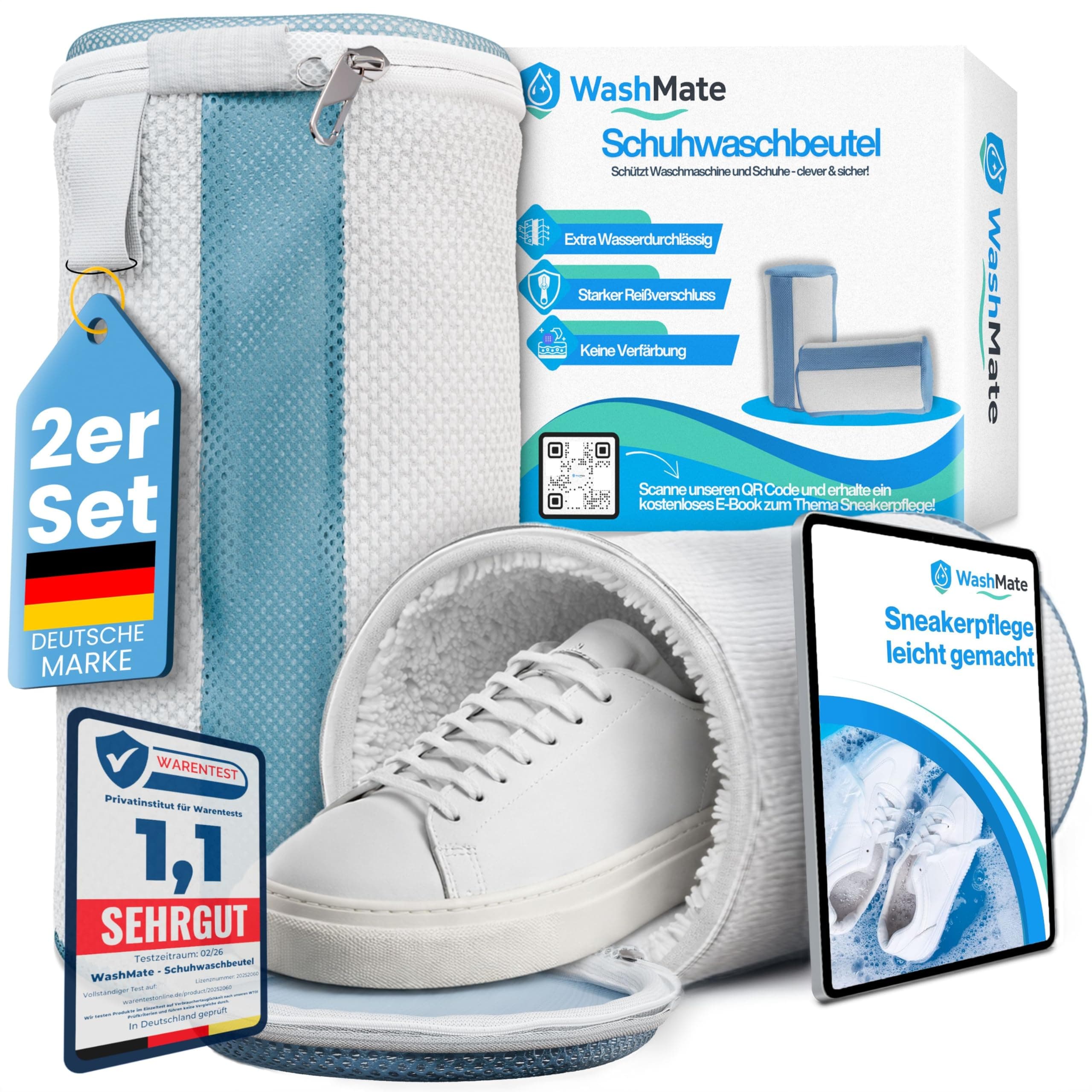 Schuhwaschbeutel Waschmaschine/Sneaker Waschbeutel 32x19 cm mit stabilem Metall-Reißverschluss/wasserdurchlässiger Wäschesack für Schuhe – schützt Schuhe & Waschmaschine/Inkl. E-Book Weiß / Blau Angebot bei HelloDeals
