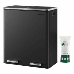 SONGMICS Mülleimer, 2 x 30 Liter, 2 Fächer, Mülltrennsystem, Treteimer, Abfalleimer Küche, 15 Müllsäcke, Metall, Inneneimer aus Kunststoff, Klappdeckel, Softclose, luftdicht, schwarz LTB60BK schwarz 2 x 30 L Angebot bei HelloDeals