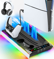 PS5/PS5 Slim/PS5 Pro Ständer für Disc & Digital, 3-stufiger Auto PS5 Lüfter und RGB LED mit PS5 Controller Ladestation für PS5 & Edge Controller, PS5 Zubehörsets mit 3 Ladeanschlüssen Weiß und Schwarz Angebot bei HelloDeals
