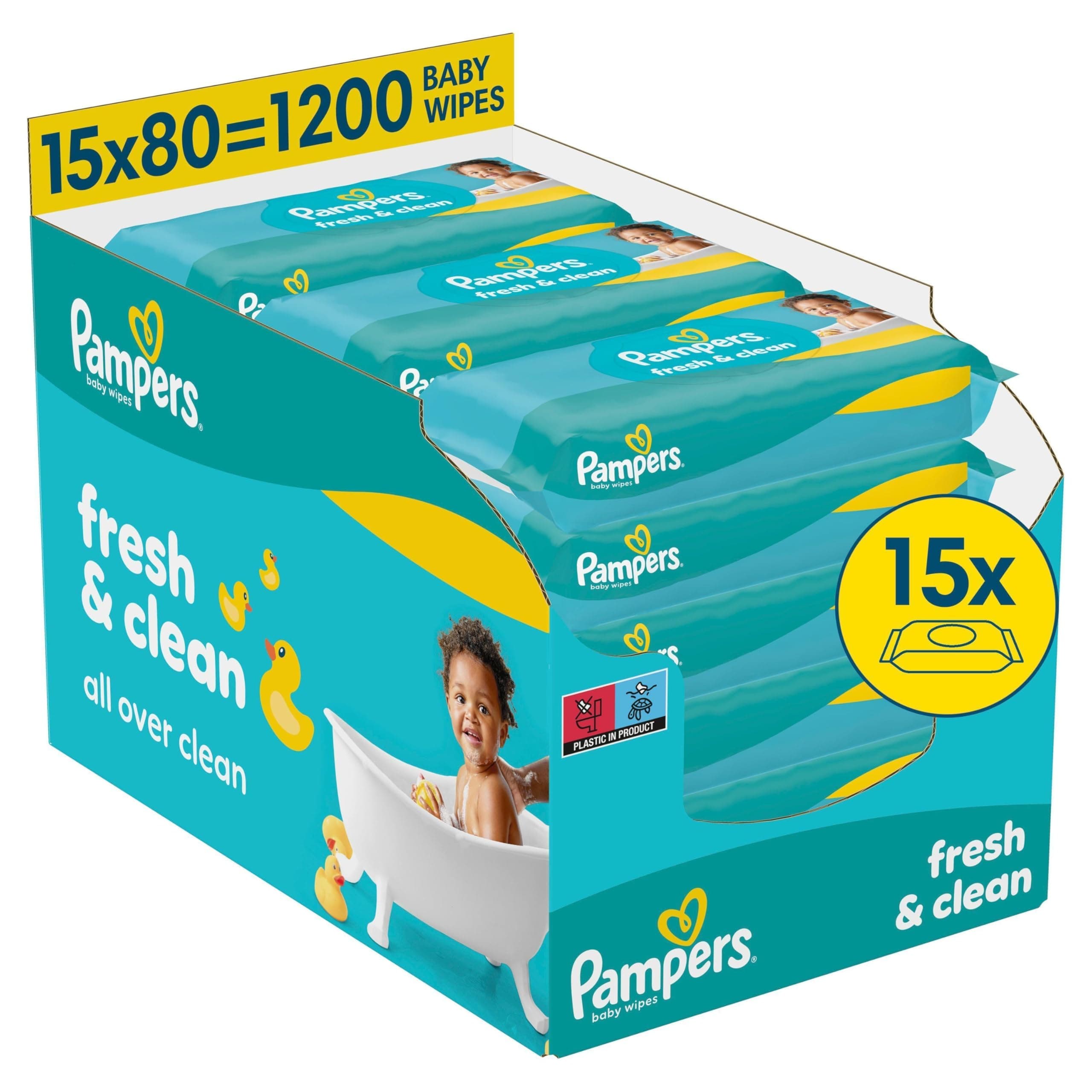 Pampers Fresh Clean Feuchttücher 15 Packungen mit 80 Stück, 1200 Feuchttücher, milder Duft, auch für Hände und Gesicht geeignet 1200 stück (1er Pack) 4-Monats-Pack - Fresh and Clean Angebot bei HelloDeals
