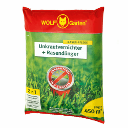 WOLF-Garten 2-in-1: Unkrautvernichter + Rasendünger SQ 450 (Rasendünger und Unkrautvernichter, wirkt über Blätter und Wurzeln, Wirkung bis zu 100 Tagen, ausreichend bis 450 m2) 3840746 9 kg ausreichend für 450m2 Angebot bei HelloDeals