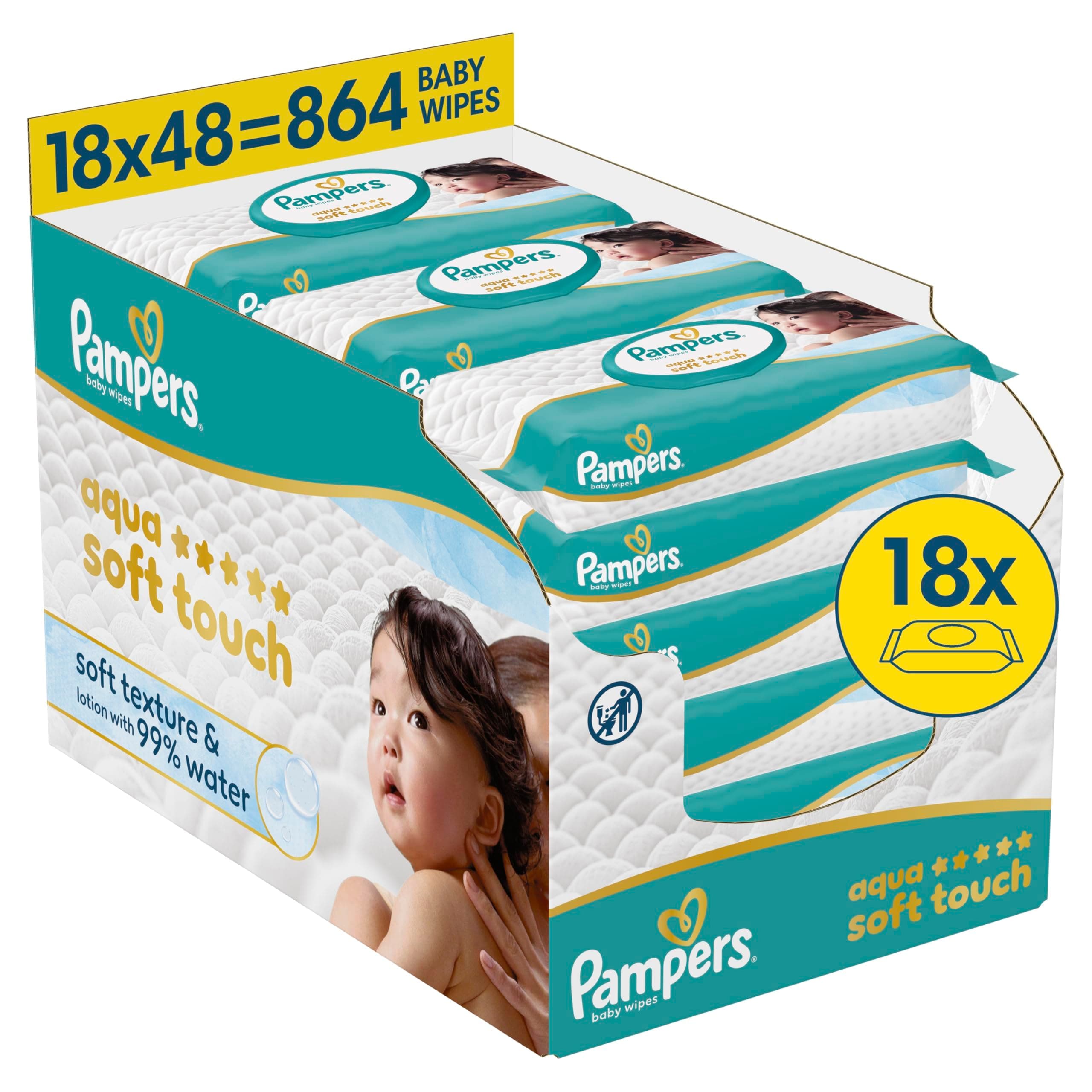 Pampers Aqua Soft Touch Baby-Feuchttücher, 18 Packungen mit 48 Feuchttüchern = 864 Baby-Feuchttücher, weiche Textur & Lotion mit 99% Wasser 864 stück (1er Pack) Angebot bei HelloDeals