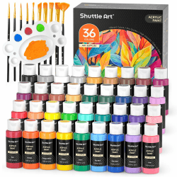 Shuttle Art Acrylfarben Set, 36 Acryl farben in Flaschen (je 60ml) mit 12 Pinselset & 1 Palette, ungiftig, Acrylfarbe wasserfest für Künstler, Anfänger, Erwachsene auf Leinwand, Steine, Holz geeignet Gold Angebot bei HelloDeals