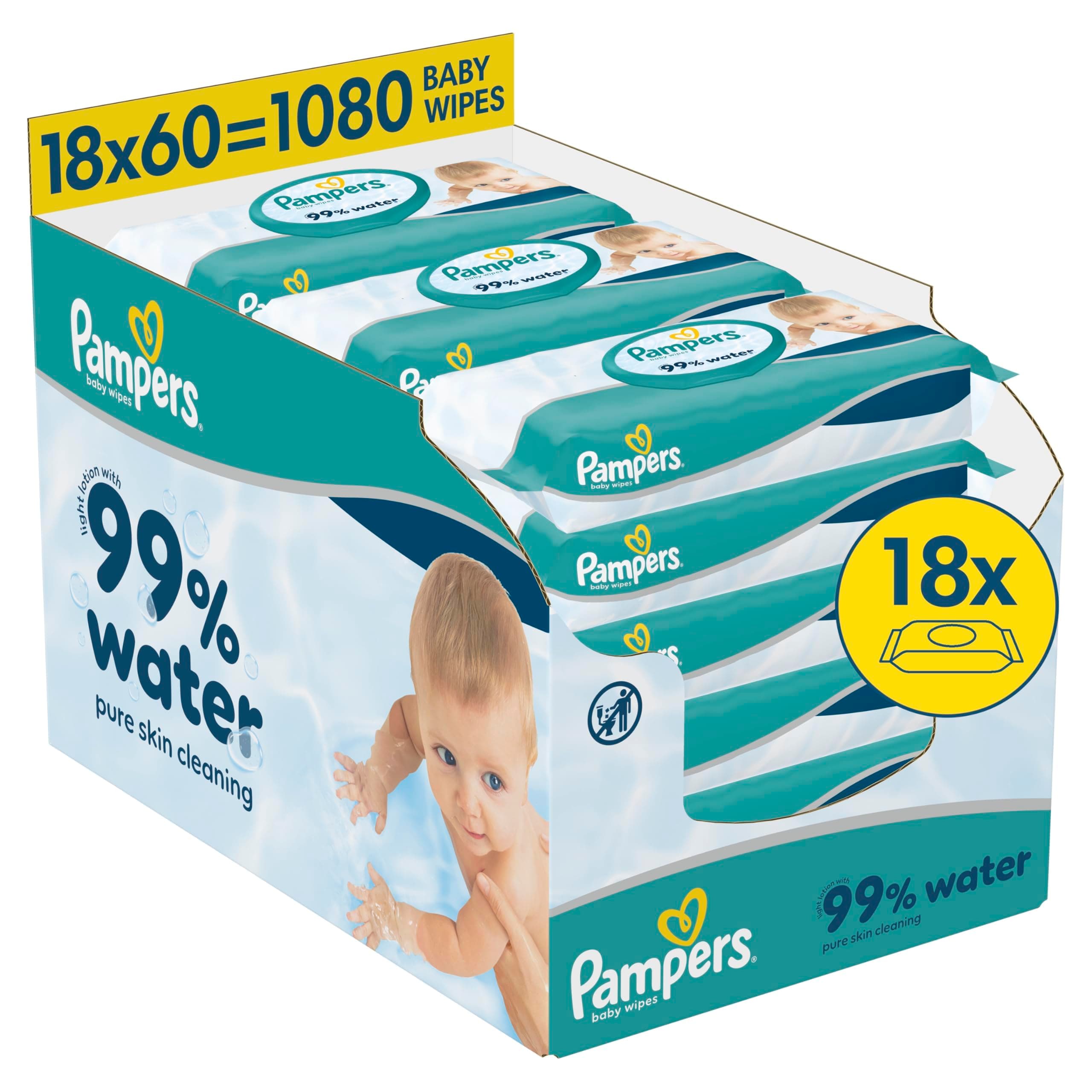Pampers 99% Water Baby-Feuchttücher, 18 Packungen mit 60 Feuchttüchern = 1080 Baby-Feuchttücher, leichte Lotion mit 99% Wasser 1080 stück (1er Pack) Angebot bei HelloDeals