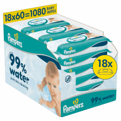 Pampers 99% Water Baby-Feuchttücher, 18 Packungen mit 60 Feuchttüchern = 1080 Baby-Feuchttücher, leichte Lotion mit 99% Wasser 1080 stück (1er Pack) Angebot bei HelloDeals