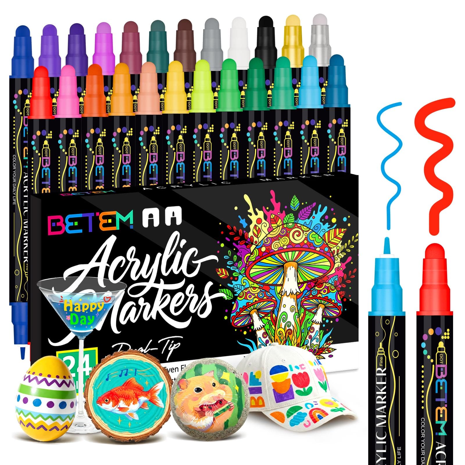 Betem 24 Farben Acrylstifte mit Doppelspitze, Hochwertige Acrylmarker für Stein, Holz, Leinwand, Felsmalerei, Glas, Keramik Wasserfest, Ostereier, Christmas Acrylstifte Set für Basteln Kunstbedarf 24 Farben Lackmarkierungen Angebot bei HelloDeals