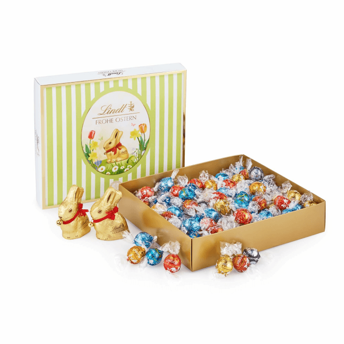Lindt Schokolade LINDOR Oster Mischpaket |1,2 kg| 2 GOLDHASEN Vollmilch und 8 LINDOR Sorten:Milch, Noisette, Feinherb, Weiß, Dark 60%, Caramel, Salted Caramel, Stracciatella|Osterschokolade|Osterhase Angebot bei HelloDeals