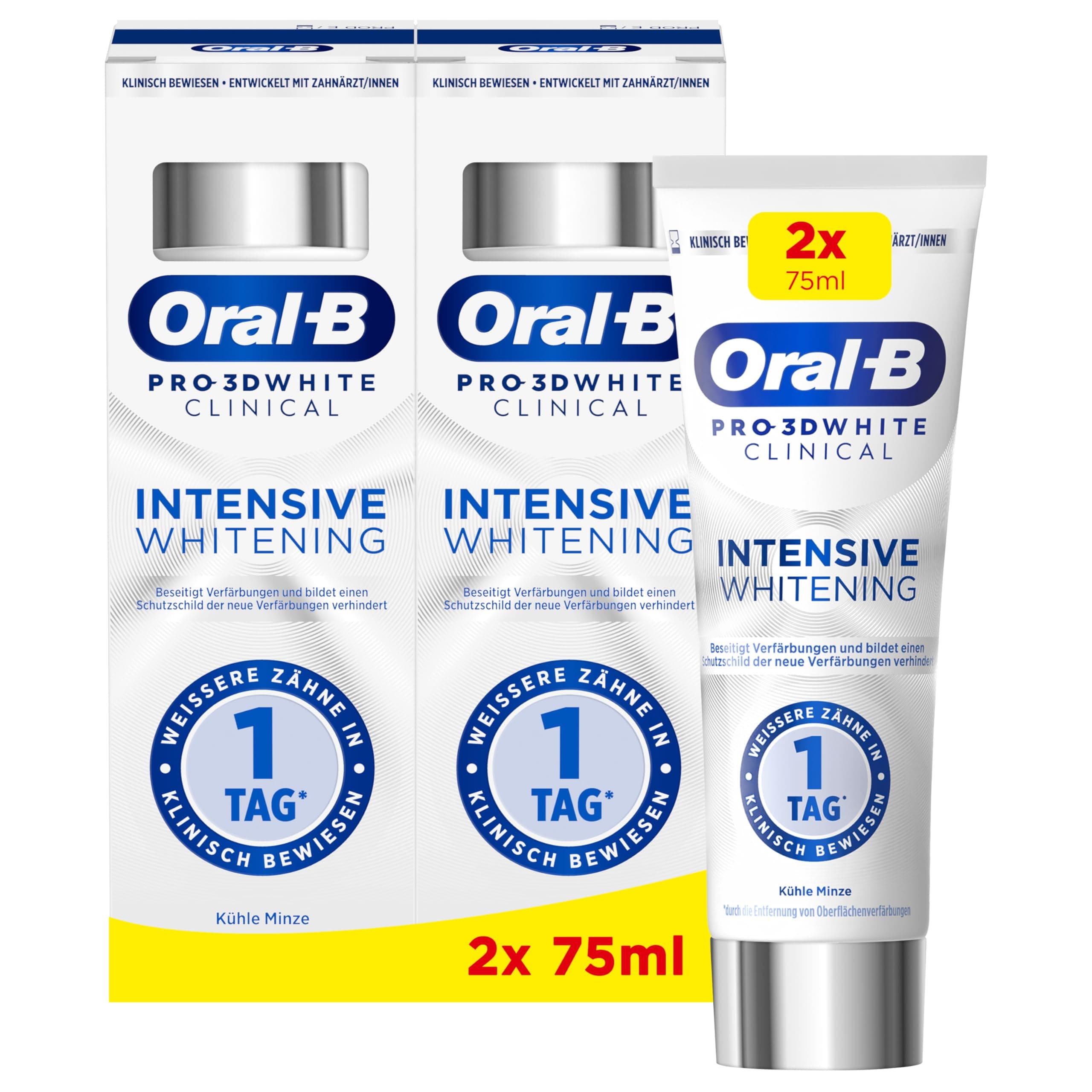 Oral-B Pro 3D White Clinical Intensive Whitening Zahnpasta - 2x75ml, Zahncreme/Toothpaste für Weißere Zähne in 1 Tag, Made in Germany, Kühle Minze Geschmack Angebot bei HelloDeals