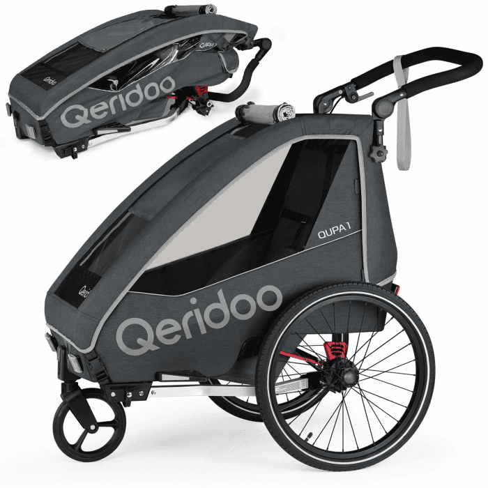Qeridoo QUPA 1 | Fahrradanhänger 1 Kind | Kinder Fahrradanhänger mit Blattfederung & Handparkbremse | Jogger Kinderwagen | Kinderfahrradanhänger | Kinderbuggy | Fahrrad Anhänger Kinder Grey Angebot bei HelloDeals