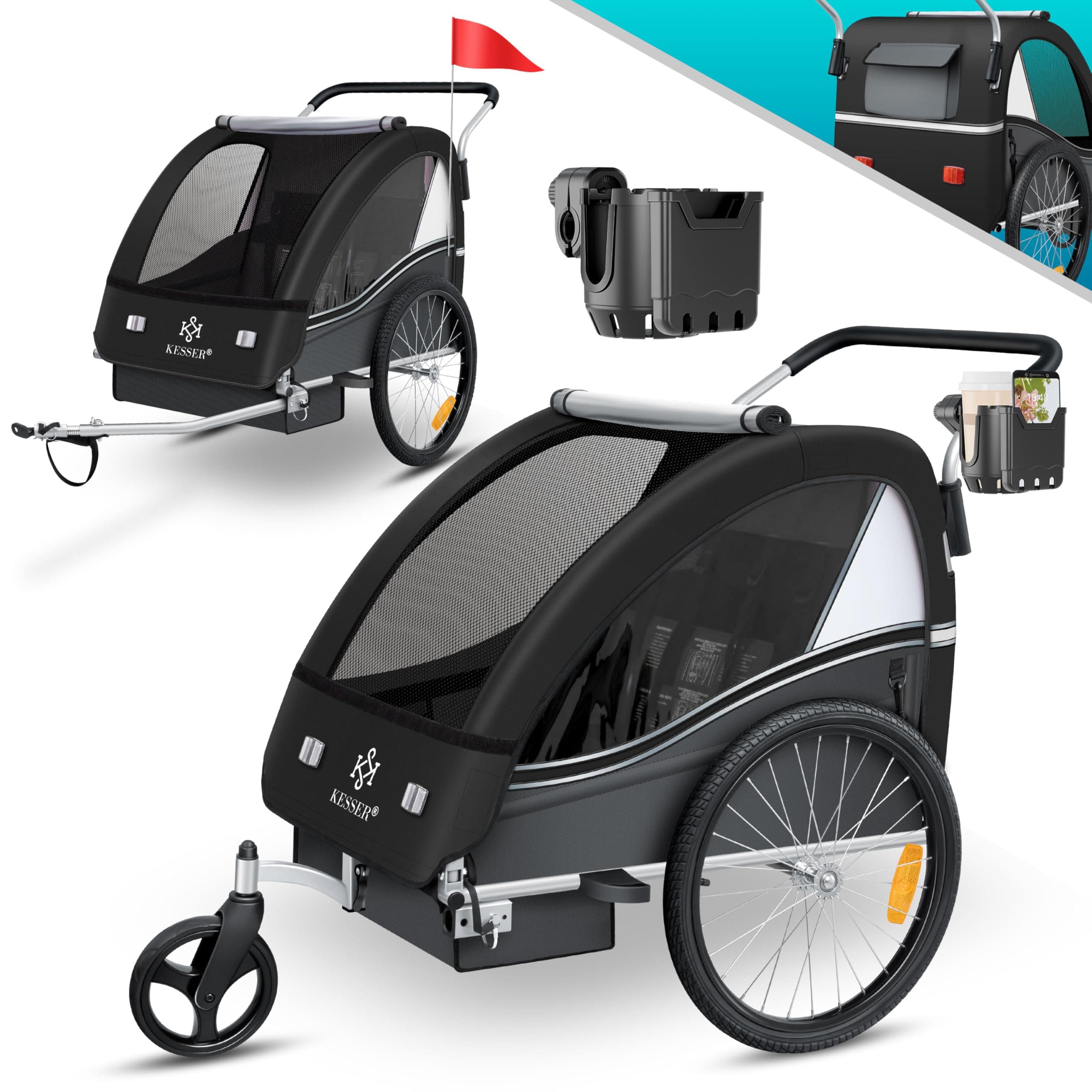 KESSER® Kinderfahrradanhänger Sport-RX 2in1 Jogger & Buggy 5-Punkt-Gurt Sicherheitsgurt 360° Vorderrad Kinderfahrradanhänger Reflektoren für 1-2 Kinder (max. 40 kg) Getränkehalter & Smartphonefach Schwarz Angebot bei HelloDeals