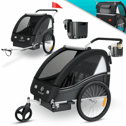 KESSER® Kinderfahrradanhänger Sport-RX 2in1 Jogger & Buggy 5-Punkt-Gurt Sicherheitsgurt 360° Vorderrad Kinderfahrradanhänger Reflektoren für 1-2 Kinder (max. 40 kg) Getränkehalter & Smartphonefach Schwarz Angebot bei HelloDeals