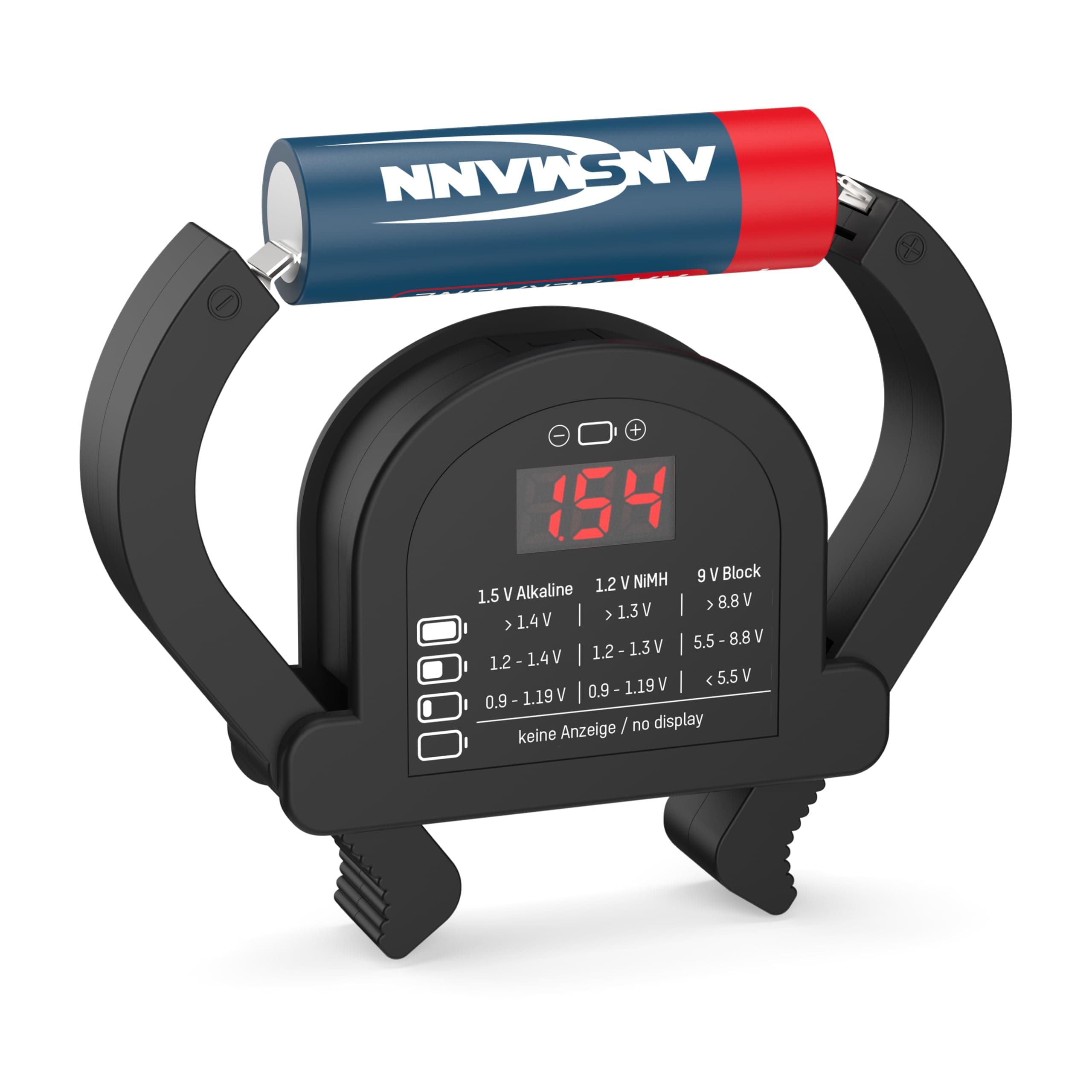 ANSMANN Battery Tester / Zuverlässiges Batterie- & Akkutestgerät zum Anzeigen der verbleibenden Kapazität / Kapazitätsanzeige für Akkus, Batterien & Knopfzellen / Funktioniert komplett ohne Strom, Blau Weiss Batterie Tester Angebot bei HelloDeals