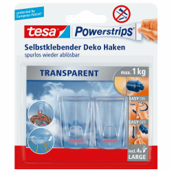 tesa Klebehaken für transparente Oberflächen und Glas (1 kg) - Durchsichtige, selbstklebende Haken - Bis zu 1 kg Halteleistung pro Haken 2 Hooks / 1 kg / Glass & Mirror Angebot bei HelloDeals