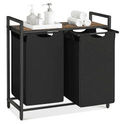 VASAGLE Wäschekorb 2 Fächer, Wäschesammler mit Ablage, Wäschebox, Wäschesack aus Oxford-Gewebe abnehmbar, Metallrahmen, 2 x 46 L, 73 x 33 x 72 cm, tintenschwarz-vintagebraun BLH201B01 Tintenschwarz + Vintagebraun 92 L (2 Fächer) Angebot bei HelloDeals