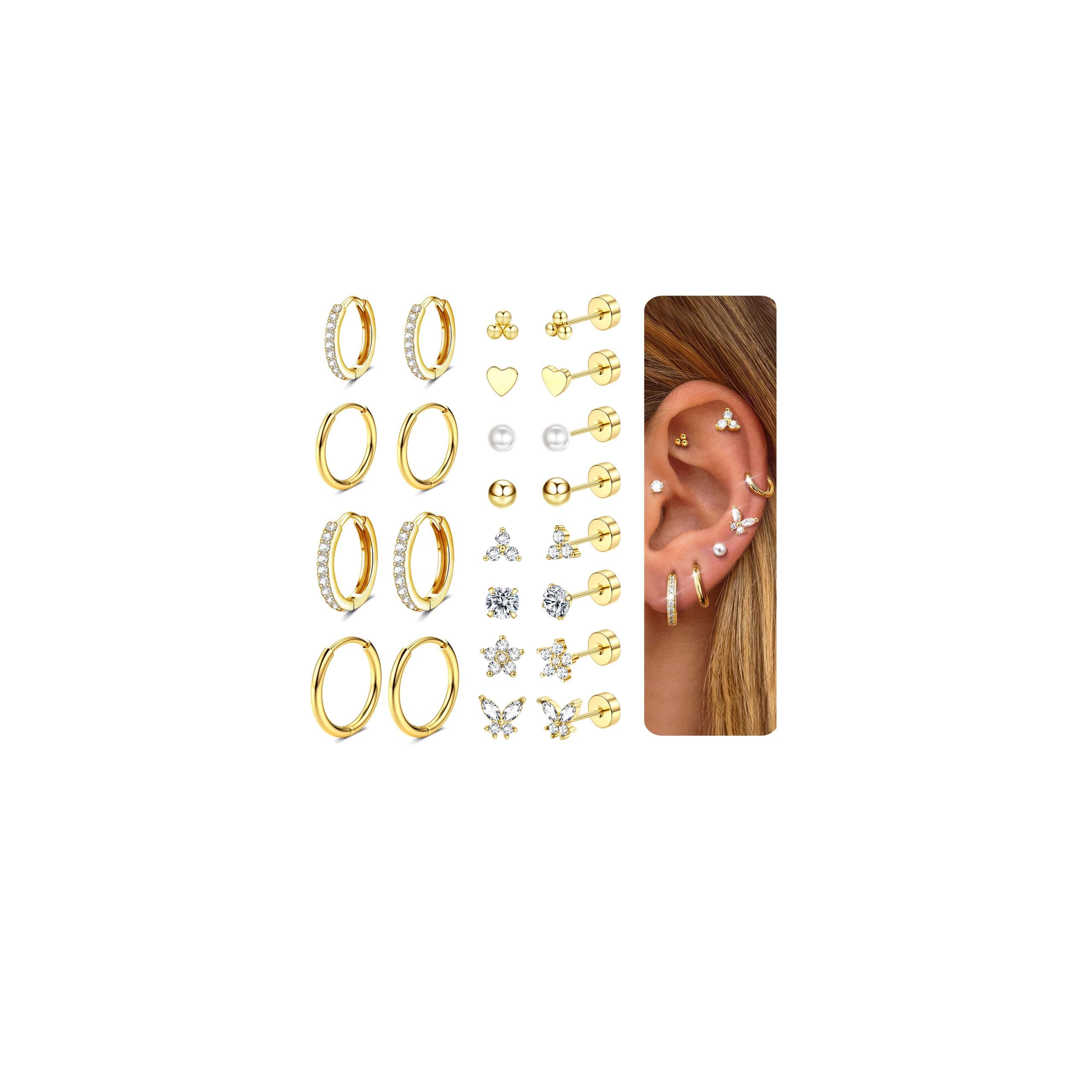 CASSIECA 12 Paar Ohrringe Gold Silber Set, 316L Chirurgenstahl Ohrringe für Damen Herren Medizinische Ohrstecker und Creolen für Mehrfachpiercing 14K Vergoldet Helix Tragus Piercing Ohr Gold Silber Gold-Mode Set Angebot bei HelloDeals