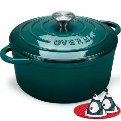Overmont Bräter emaille Gusseisen Topf - Schmortopf 26cm backofengeeignet - mit Deckel und Kochbuch - für Küche Backen Schmoren Braten Seeblau 26cm-5.2L Flaschengrün Angebot bei HelloDeals